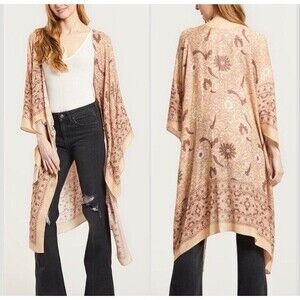 Free People One Size Kimono Magic Dance Border Nude Pink Floral Paisley Open